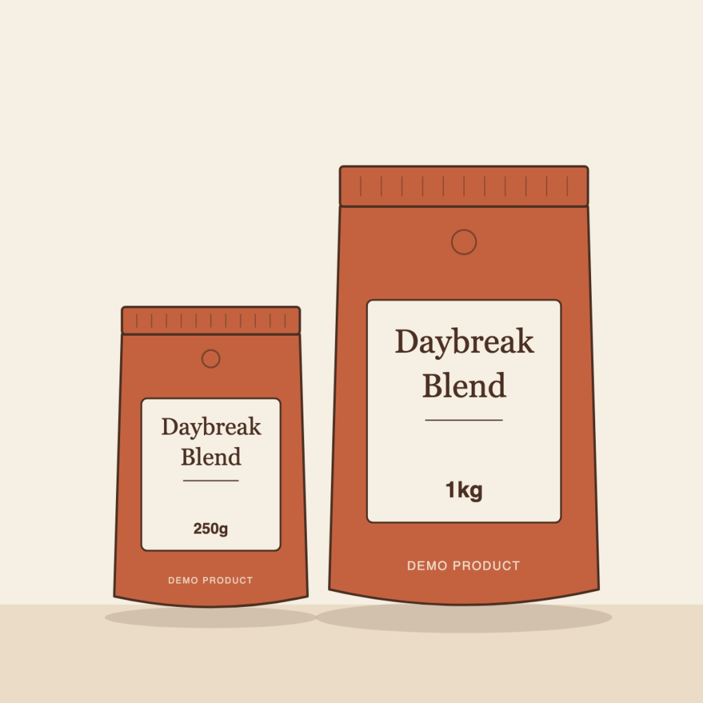 Illustration of two Daybreak Blend coffee packs, 250g and 1kg, in terracotta with cream labels.
