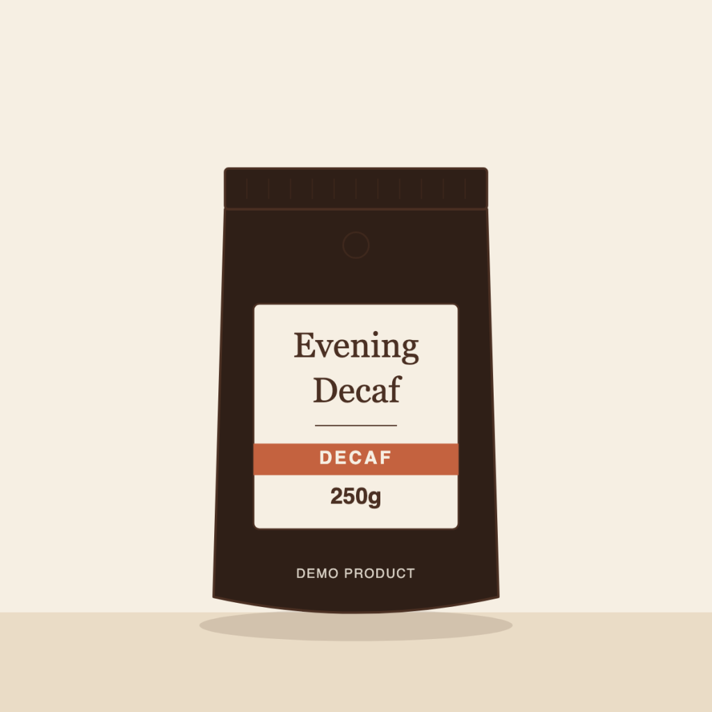 Illustration of an Evening Decaf 250g coffee pack in dark espresso brown with a terracotta decaf band.
