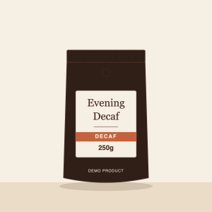 Illustration of an Evening Decaf 250g coffee pack in dark espresso brown with a terracotta decaf band.