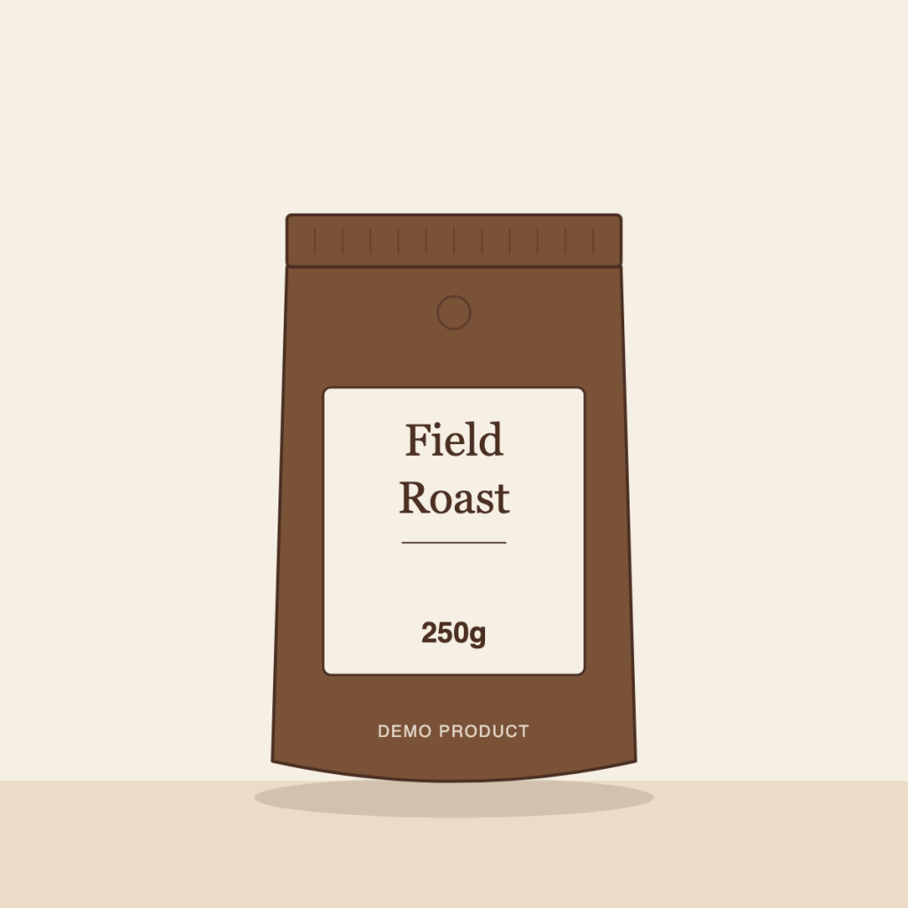 Illustration of a Field Roast 250g coffee pack in coffee brown with a cream label.