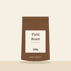 Illustration of a Field Roast 250g coffee pack in coffee brown with a cream label.