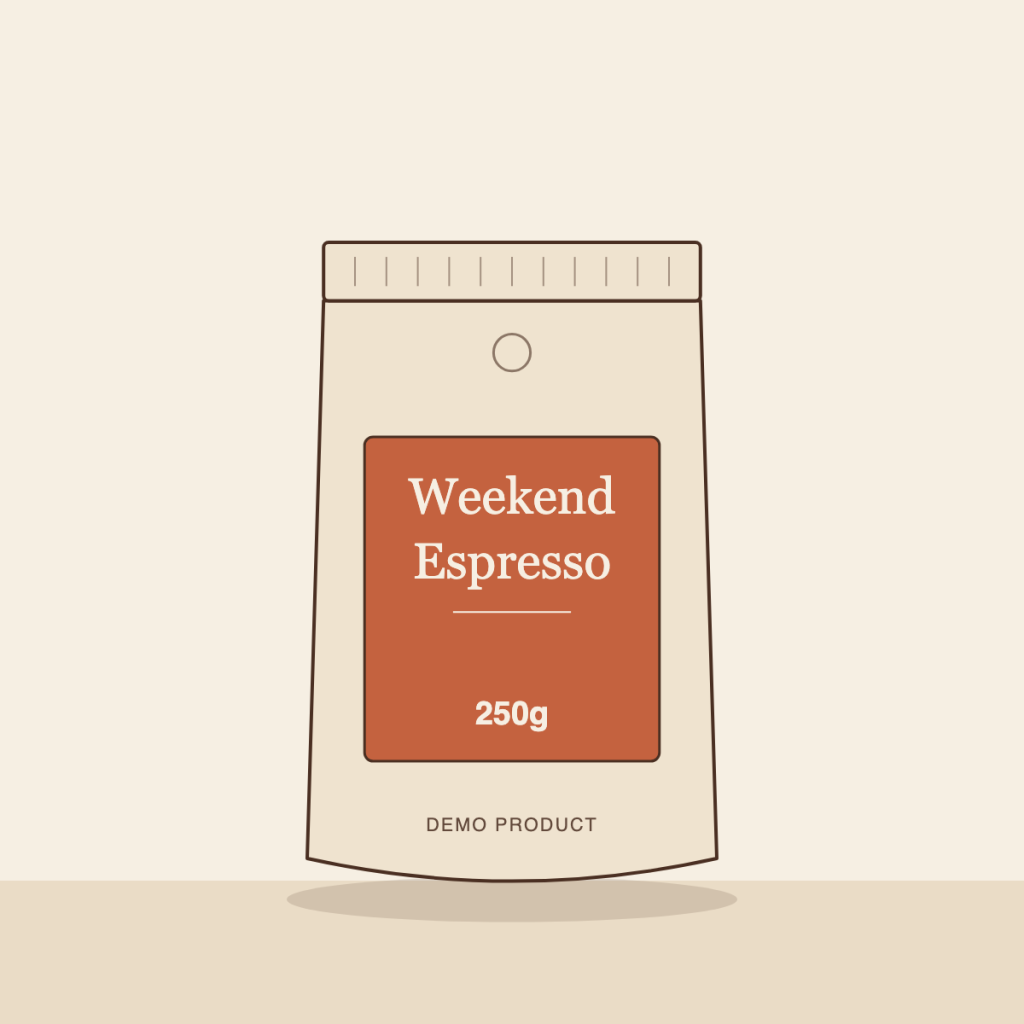Illustration of a Weekend Espresso 250g coffee pack in cream with a terracotta label.