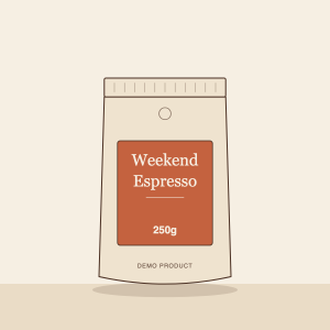Illustration of a Weekend Espresso 250g coffee pack in cream with a terracotta label.